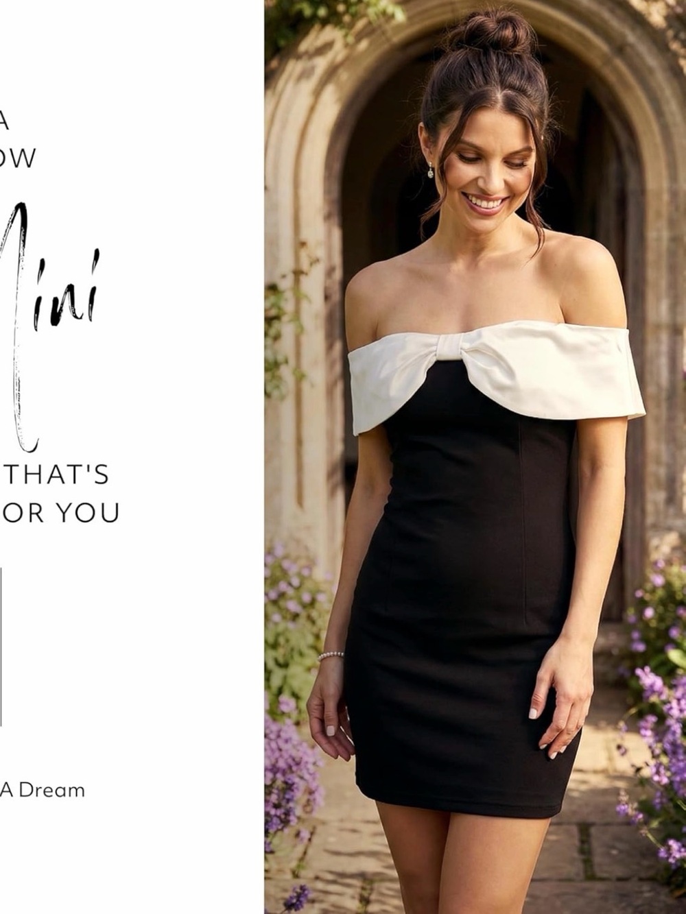 David's Bridal Black Mini Dress with White Off-Shoulder Bow
